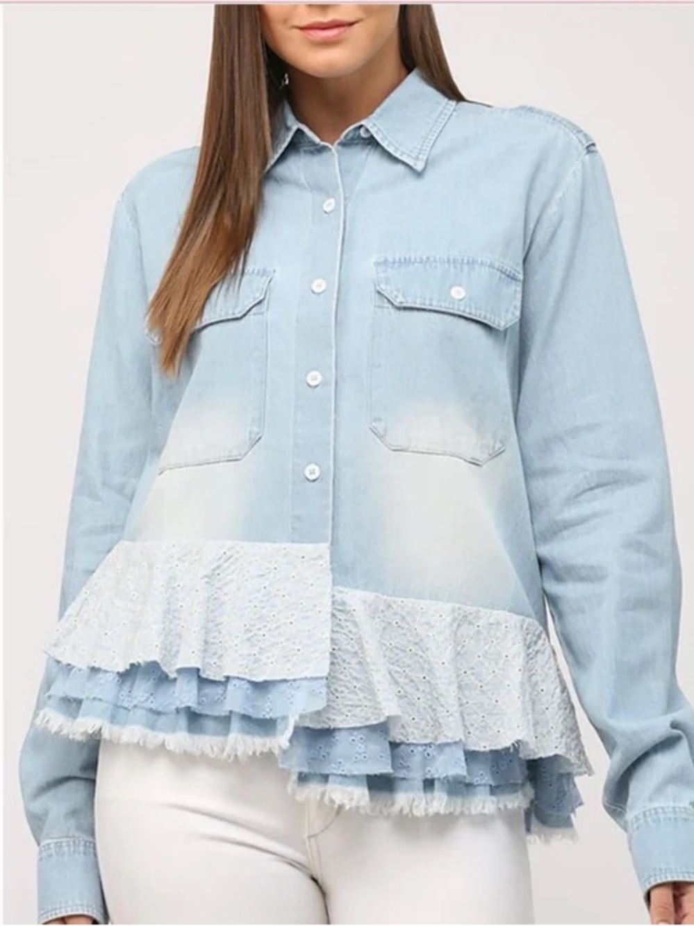 Fate Blue Eyelet Tiered Denim Button-Down Shirt